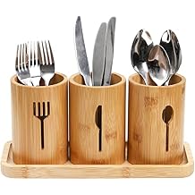Lyellfe Silverware Holder, Bamboo Utensil Organizer with Tray, Kitchen Cutlery Flatware Holder Organizer for Spoons, Knives and Forks, Ideal for Kitchen and Restaurant