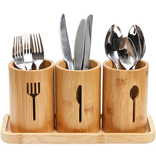 Lyellfe Silverware Holder, Bamboo Utensil Organizer with Tray, Kitchen Cutlery