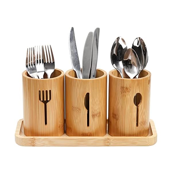 Lyellfe Silverware Holder, Bamboo Utensil Organizer with Tray, Rustic Farmhouse Kitchen Cutlery Flatware Holder Organizer for Spoons, Knives and Forks, Ideal for Kitchen and Restaurant