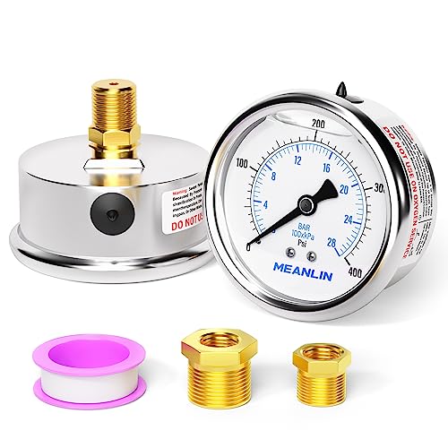 MEANLIN MEASURE 0~400Psi Stainless Steel 1/4" NPT 2.5" FACE DIAL Liquid Filled Pressure Gauge WOG Water Oil Air Center Back Mount, with 1/2" NPT and 3/8" NPT Hex Bushing