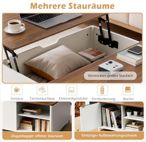 YU YUSING Couchtisch Höhenverstellbar Wohnzimmertisch mit Stauraum, Beistelltisch Kaffeetisch Quadratischer mit Verstecktem, Modern Sofatisch umwandelbar in Esstisch für Wohnzimmer/Büro, 80x80cm – Bild 6