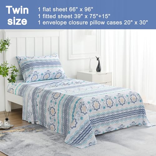 Image of JSD Vintage Blue Boho Floral Printed Sheet Set Twin Size Deep Pocket | 3 Piece Soft Botanical Microfiber Sheets, OEKO-TEX Certified, Easy Care