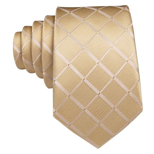 Image of Barry.Wang Plaid Ties Check Mens Necktie Set with Handkerchief Cufflinks Classic Stripe
