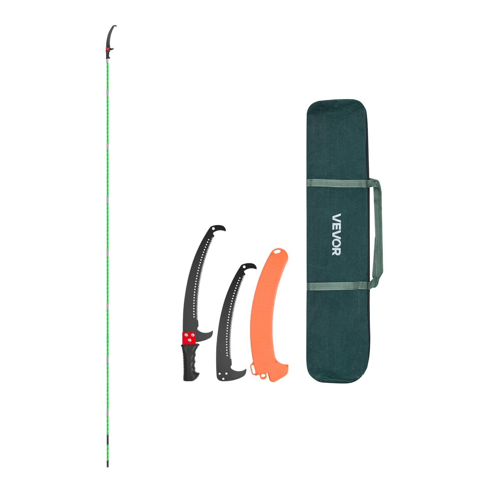 VEVOR Sierra de Pértiga Manual, Podadora de Árboles Extensible de 118-809,3 cm, Hoja de Acero de 65 Mn, Mango Ligero de Fibra de Vidrio, Sierra de Doble Gancho para podar Ramas Altas y Arbustos