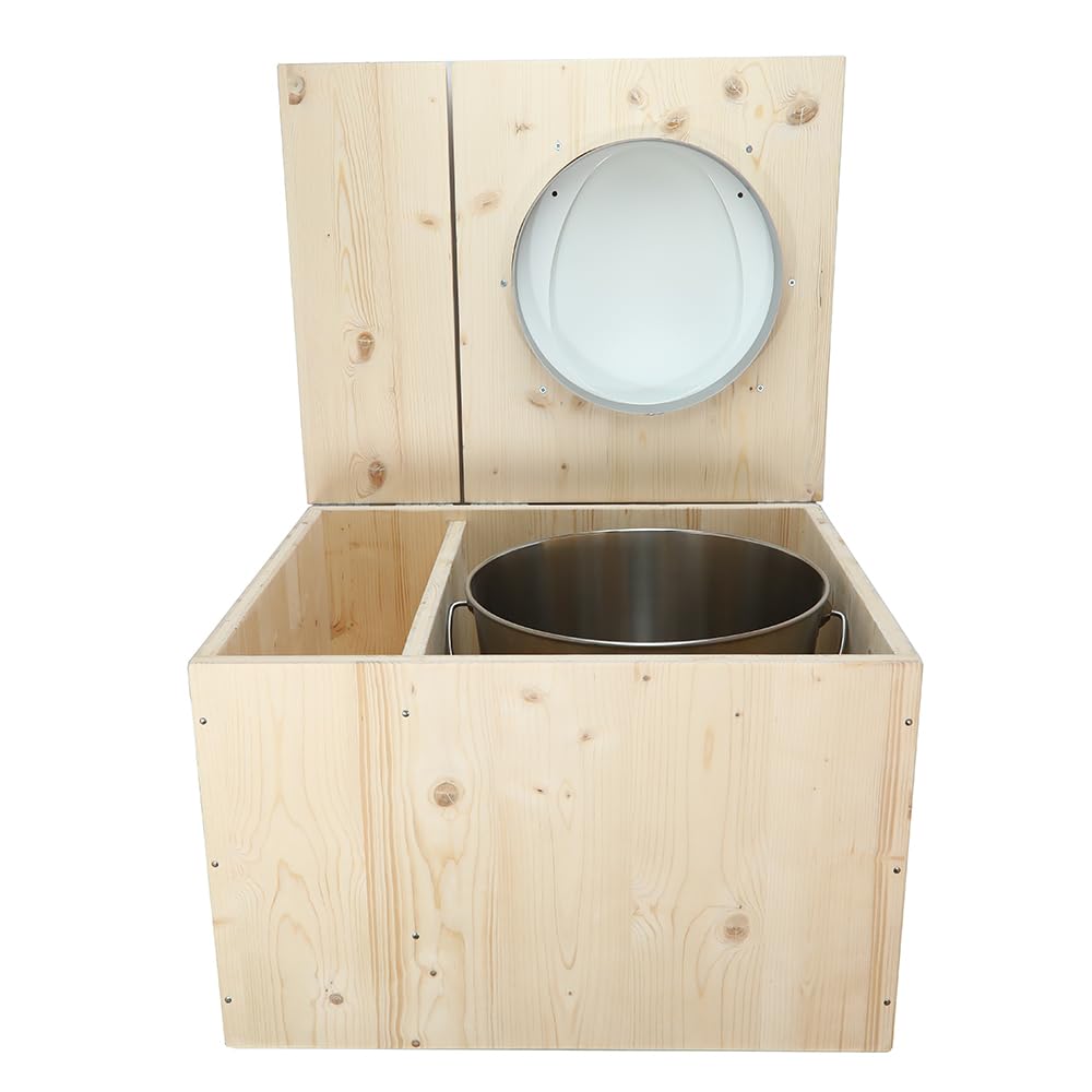 Toilette sèche avec bac à copeaux de bois intégré, Livré monté avec abattant blanc, seau inox et bavette de protection inox - Fabrication artisanale Française - N17