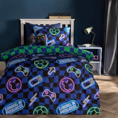OHS Neon Checkerboard Boys Bedding Double Quilt Cover Gaming Gifts for Boys Super Soft Cosy Warm Microfibre Kids Double Duvet Set Reversible Checkerboard Kids Bedding with Pillowcases Blue