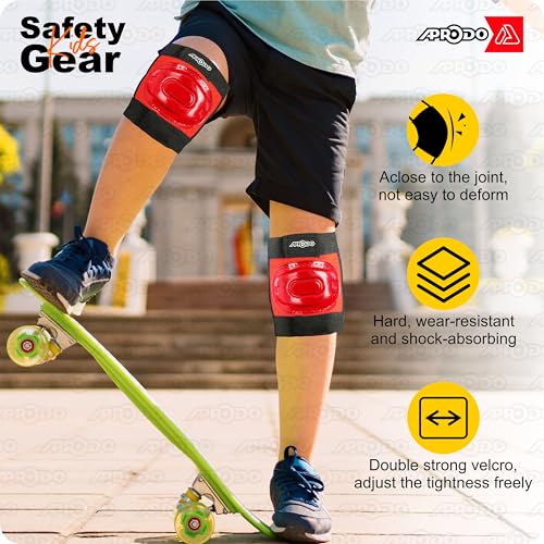Image of Aprodo Kids Sports Protective Gear Set | from Beginner to Advanced | for Ages 3-5-8-14 Boys & Girls | Includes Knee & Elbow Pads, Wrist Guards | Ideal for Skateboarding, Cycling & Scooter (Red)