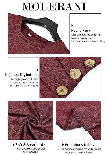 MOLERANI Tunic Tops for Women Long Sleeve Fall Winter Shirts with Leggings - Cozy Button Up Crewneck Blouses for Outdoor Activities,Wine Red,2XL