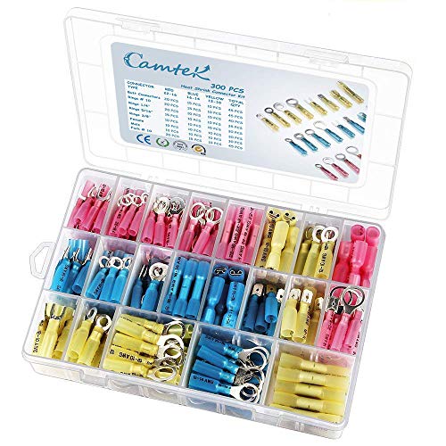 300PCS Heat Shrink Wire Connectors, Camtek Electrical Terminals Kits Butt Connectors Crimp Ring Butt Spade Terminals Waterproof Marine Insulated Automotive Electrical Connector Kits (22-10 AWG)