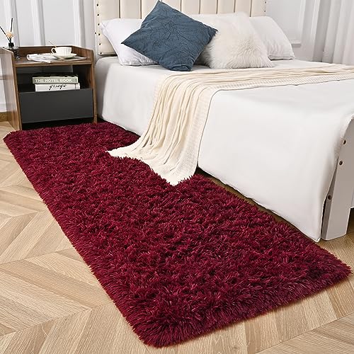 Zedrew Burgundy Red Runner Area Rugs for Bedroom Living Room, 2x4 Feet Fluffy Bedside Rugs, Soft Shaggy Carpet for Kids Room Nursery, Cute Furry Rugs for Girls Boys Dorm Room Home Decor