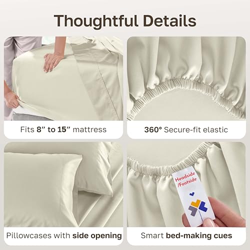 Image of California Design Den Split King Size Sheet Set -100% Cotton, 500 Thread Count Sateen, Deep Pocket Bedding for Adjustable Beds, Includes Twin XL Fitted Sheets & Pillowcases - Ivory (Beige Tone)