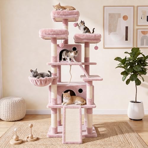 PurrFest 70 Inch Tall Cat Tree Tower for Indoor Cats Multi-Level Large Cat Condo with Scratching Posts Hammock & Perches Sturdy Activity Center for Big Cats/Pink