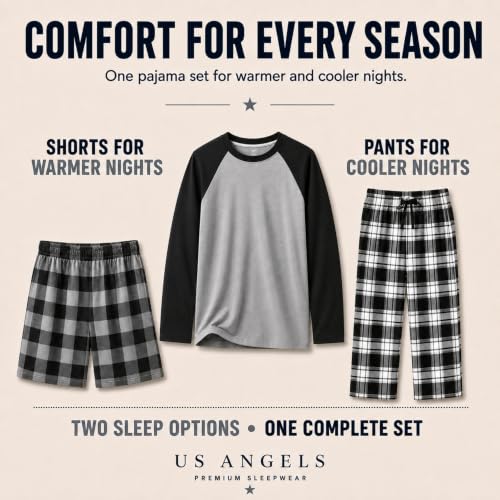 Image of US Angels Boys Pajamas Set | 3-Piece Pant, Shirt, Shorts Sleepwear Pjs for Kids | Loose Fit, Soft, Breathable Blue Plaid