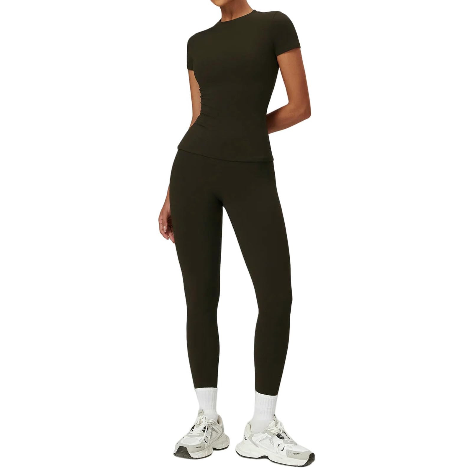bielizna modelująca joga odzież na siłownię odzież sportowa kostiumy do jogi dla kobiet fitness dresy z krótkim rękawem biustonosz sportowy legginsy na siłownię, Czarny zestaw do kawy-3, XL