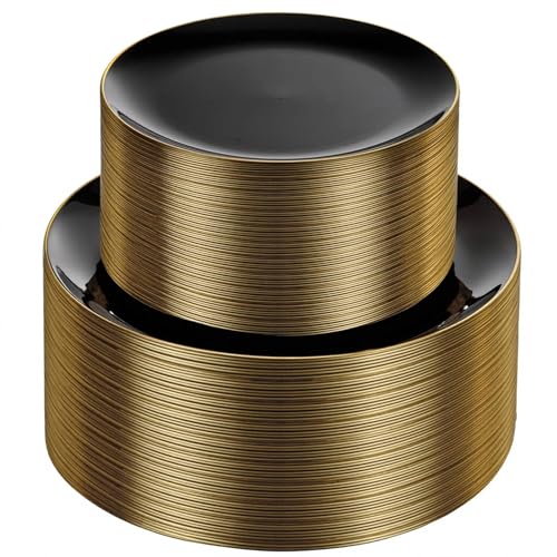 KIRE 100PCS Black and Gold Plates - Black Plastic Plates Disposable with Gold Rim for Halloween Party/Wedding/Birthday Include 50Pcs 10.25inch for Dinner and 50Pcs 7.5inch for Dessert/Salad KIRE 100PCS Black and Gold Plates - Black Plastic Plates Disposable with Gold Rim for Halloween Party/Wedding/Birthday Include 50Pcs 10.25inch for Dinner and 50Pcs 7.5inch for Dessert/Salad