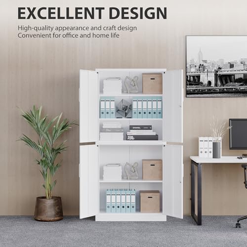 Image of Metal Storage Cabinet with 3 Adjustable Shelves,White Storage Cabinet with Lock,71 inch Lockable Metal Cabinets with Locking Doors,Tall Steel Pantry Cabinets 4 Door for Home,Office,Garage,Bathroom,Kitchen