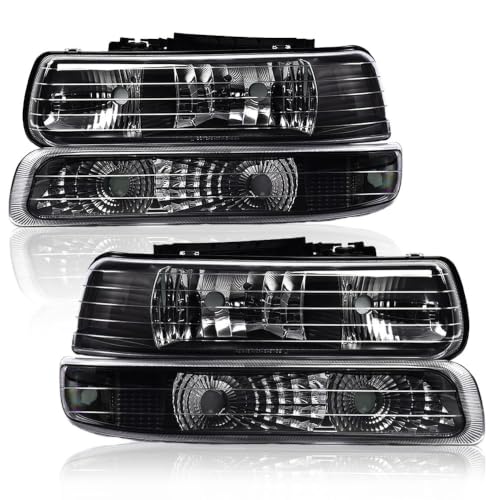 Image of GRAND ORANGE Front Headlight Assembly+ Bumper Lights Lamps Compatible with Chevy Silverado 1999-2002, Fit Tahoe Suburban 2000-2006 15199559, 15199558, 16526134 Chrome Housing Clear lens Corner 4pcs