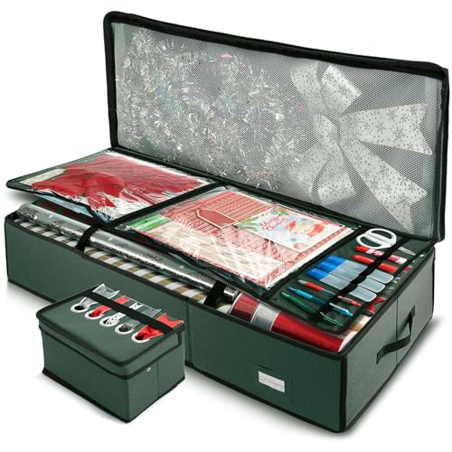 Image of Hearth & Harbor Wrapping Paper Storage Container with Ribbon Storage Organizer - Christmas Storage Bag with Extra Interior Pockets - Gift Wrapping Organizer Storage Fits Up to 26 Rolls of 40 inch Length