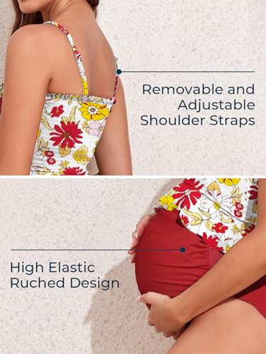 Image of Summer Mae Maternity High Waist Swimsuit Ruffle Hem Bikini Bathing Suit Shirred Bandeau Two Piece Pregnancy Swimwear Red Yellow Flowers Medium