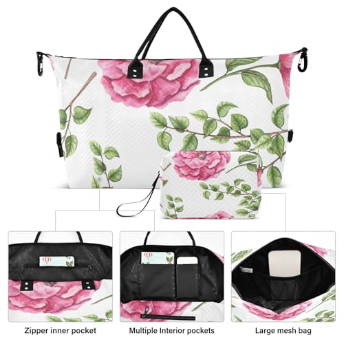 Romantic Watercolor Pink Flowers Travel Duffle Bag, Large Weekender Overnight Bags for Women Men Waterproof Carry on Shoulder Tote Bags for Hospital Maternity Mommy Gym with Toiletry Bag2