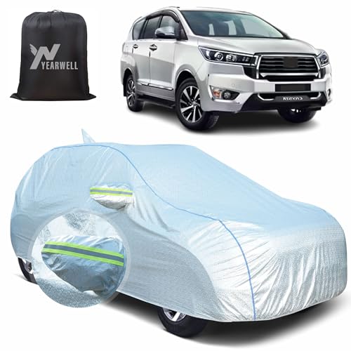 Image of Car Body Cover for Toyota Innova Crysta, 100% Waterproof, Heat-Resistant with Mirror & Antenna Pockets, Soft Cotton Lining, Triple Stitched, Piping & Reflector (Reflective Silver)