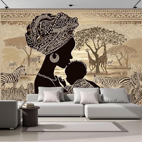 MIATCENRT Papel Tapiz Fotográfico Tribu Estilo, 250Anx175Al cm Fondo de Pantalla África Madre Niño Papel Pintado, Decoración de Pared para Sala Restaurante Cuarto Oficina Salón, Beige Marrón
