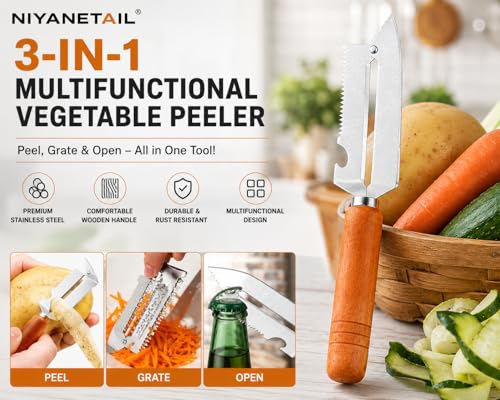 Image of 4-in-1 Multifunctional Vegetable Peeler with Wooden Handle Stainless Steel Fruit & Vegetable Grater & Bottle Opener Ergonomic Kitchen Peeling Tool for Potato, Carrot, Apple, Cucumber & More