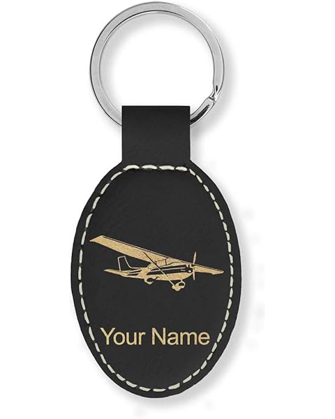 LaserGram Oval Keychain, High Wing Airplane, Personalized Engraving Included (Black with Gold)