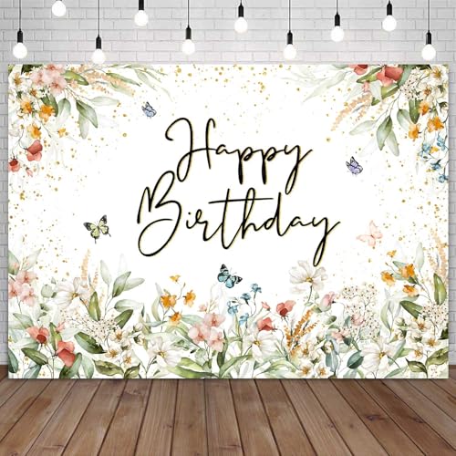 Sensfun Wildflower Birthday Backdrop Girls Watercolor Floral Butterfly Photography Background Greenery Garden Wild Flower Birthday Banner Decorations Party Supplies Photo Booth 7x5ft