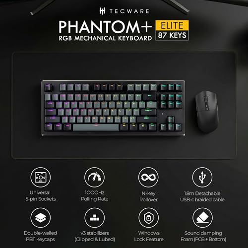 Image of TECWARE Phantom+ Elite 87 Key RGB Mechanical Gaming Keyboard | 3 Mode Wireless Bluetooth 5.0 2.4GHz & USB C Wired | Hot Swappable 5 Pin | Double Shot PBT Keycaps | Wraith Orange Switch - Black