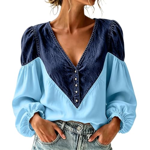 Western Tops for Women V Neck Puff Long Sleeve Button Down Denim Shirt - image 2