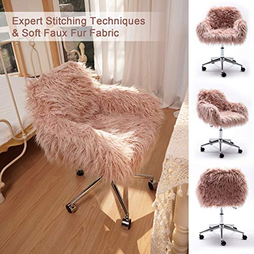 Recaceik Faux Fur Vanity Chair, Pink Arm Chrome Base Office Compact Padded Seat, Upholstered Decorative Furniture Ottoman Desk Chairs For Teens Girls, Living Room, Bedroom And Dressing Room #TOP4