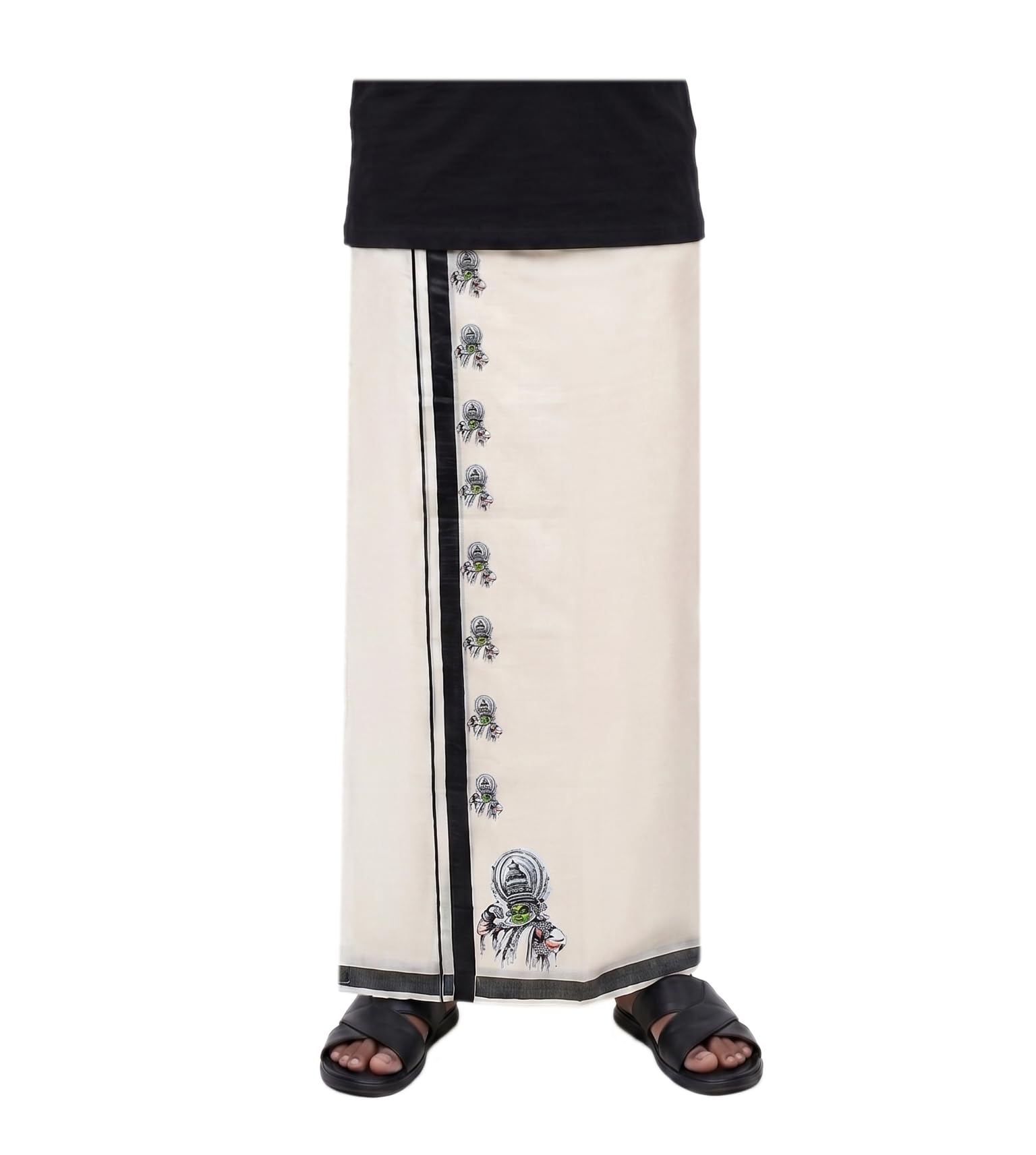 Men's Kerala Traditional Printed Cream Dhoti 100% Cotton 4 Mtr Black Border Double Mundu/Vesti | Matt Finishing Print for Onam Festival (Dhoti White Kathakali)-picture-15