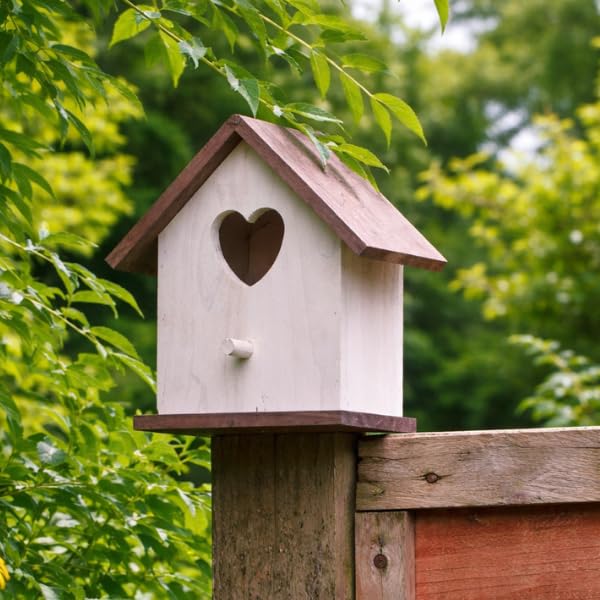 Garden Mile Wooden Bird House – White Nesting Box with Loveheart Entrance, Bird Nest Box for Robins, Tits & Small Garden Birds, Wall Mounted or Freestanding