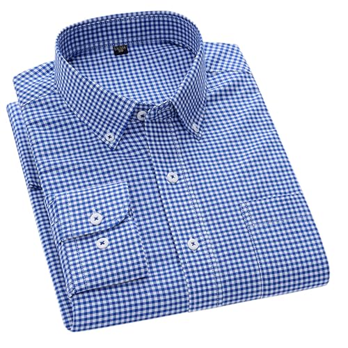 Cromoncent Mens Long Sleeve Oxford Button Down Shirts Casual Dress Shirt for Men,100% Cotton,Plaid/Stripes Shirts,Gingham Blue,XXL