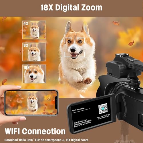 Image of Camcorder Video Camera 6K 64MP IR Night Vision Vlogging Camera for YouTube 18X Digital Zoom 4.0 Inch Touch Screen Video Camera with WiFi, Microphone, Remote Control, 64GB SD Card,Stabilizer