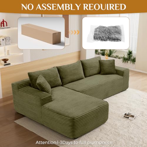 Image of 95 inch Boneless Cloud Sectional Couches for Living Room, Comfy Fluffy L Shaped Memory Foam Deep Seat Boneless Couch, Modular Sectional Sofa with Left Facing Chaise, Olive Green