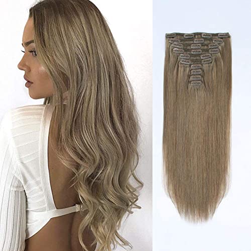 SixStarHair Ash Brown Hair Extensions Clip In Remy Human Hair 20inch 180g Clip In Hair Extensions 10 Pieces Wefts with 20 Clips Hair Extensions Cold Tone [Color 8 Ash Brown 20inch]