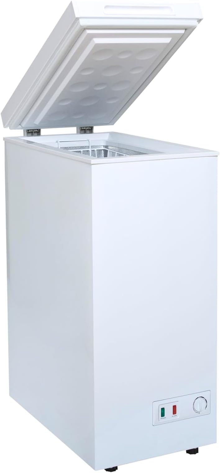 SIA CHF60W White Chest Freezer with Removable Wire Basket, 53L Slimline Compact Freestanding Freezer, 36cm Wide, Adjustable Temperature Control, E Rated, 2 Years Parts And Labour Guarantee