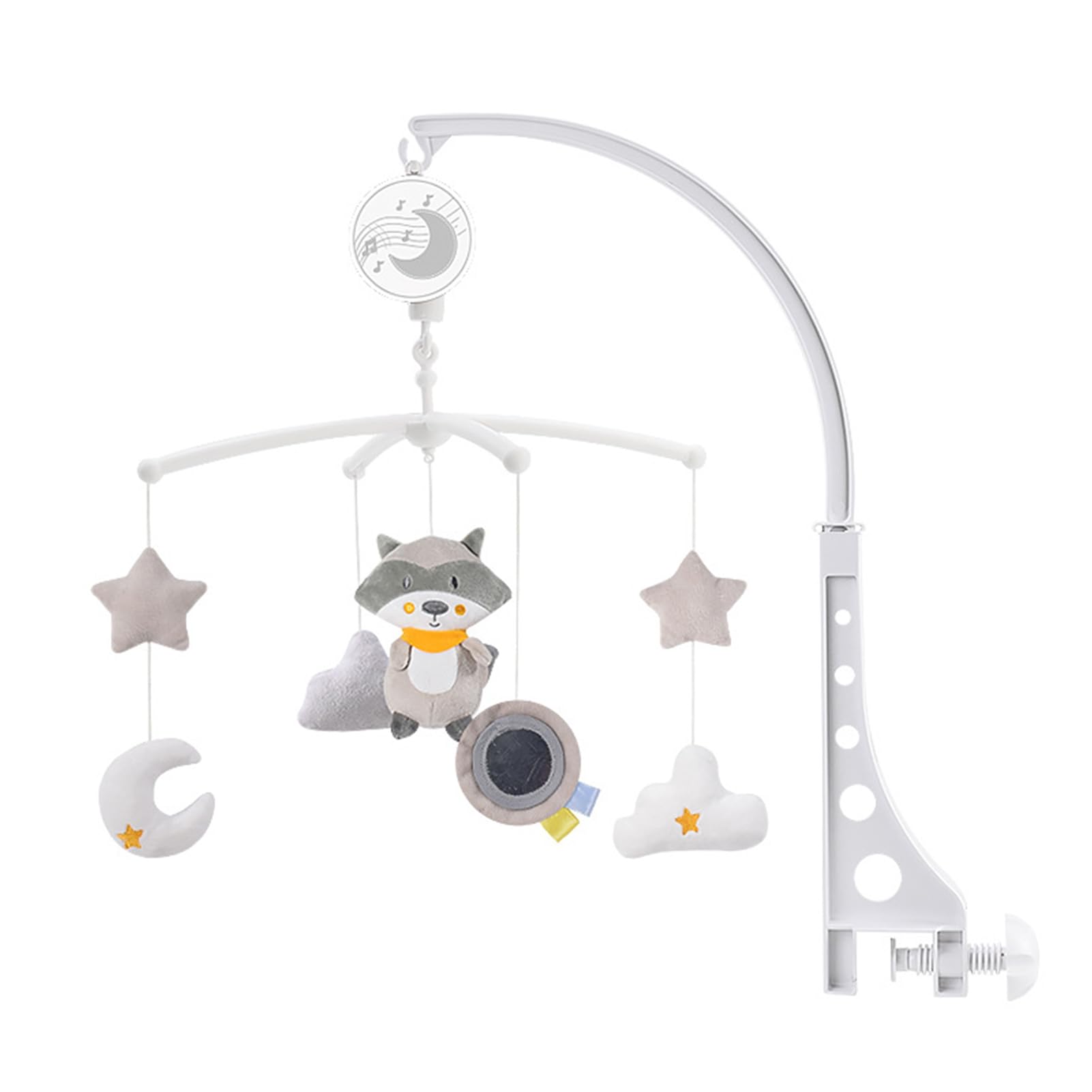 Musical Baby Mobile for Cot and Stroller, Rotating Nursery Toy with Soothing Melodies, Soft Plush Hanging Rattles, Portable Wind Chime fits Newborns, Soft Neutral Raccoon