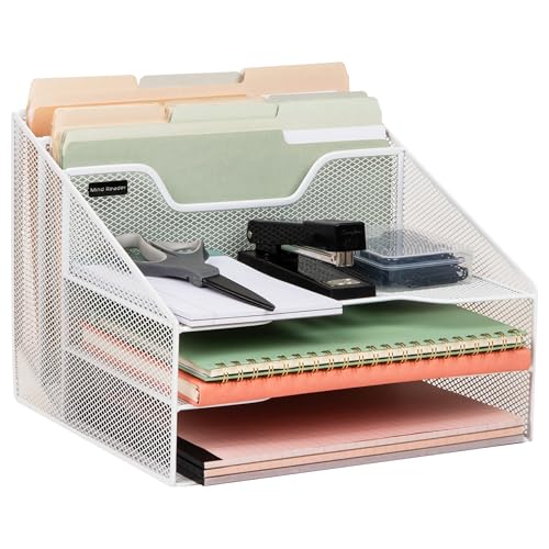 Mind Reader Metal Mesh Desktop File Organizer, 3-Tier Paper Tray with 5 Compartments, Office Mail Sorter, White