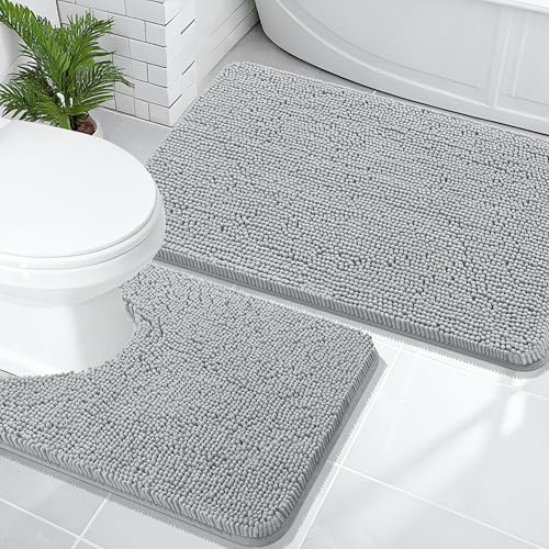 Image of OLANLY Bathroom Rugs Sets 2 Piece, Soft Absorbent Chenille Bath Mats and U-Shaped Contour Toilet Mat Area Rug Set, Machine Washable Bath Carpet, Home Decor Accessories(36 inchx24 inch+24 inchx20 inch, Light Grey)