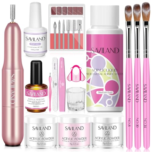 Saviland Kit Acrylique Ongle + Ponceuse Professionnelle, Poudre Clair/Blanc/Rose, Liquide Acrylique, Ponceuse Portable, Kit Ongles pour Débutant