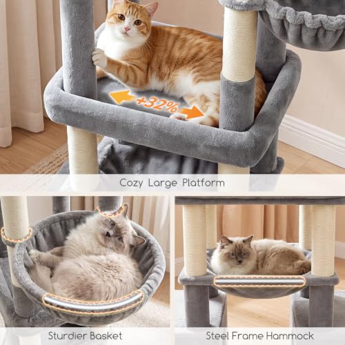 Image of Globlazer Tall Cat Tower for Indoor Adult Cats, 72-inch, S72G, Light Grey | Heavy Duty Cat Tree House for Big Cats with 2 Extra-Large Padded Platform, 7 Sisal Scratching Posts, 3 Large Condos