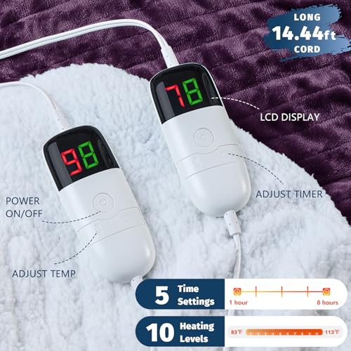 Heated Electric Blanket Queen Size - 84" x 90" Heating Blanket with Dual Control, 10 Levels & 8 Hours Auto Off, Soft Warm Flannel Gift with Over-Heat Protection, ETL & FCC Certified