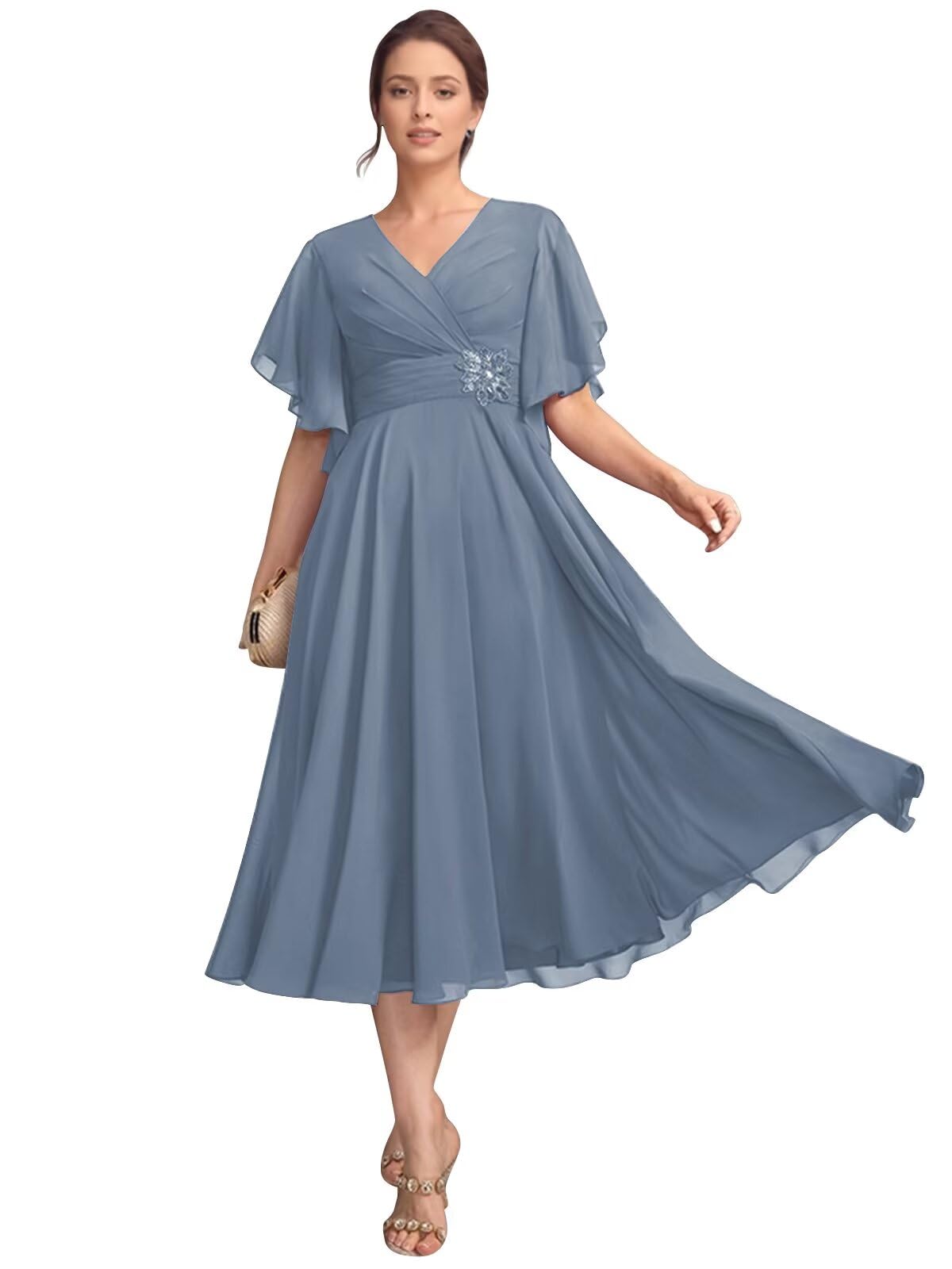 RunaCelle Flutter Sleeves Chiffon Mother of The Bride Dresses for Wedding Guest Dress V Neck Tea Length Formal Evening Gown