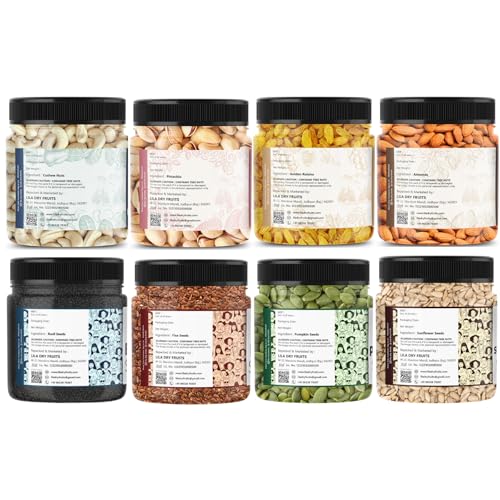 Image of LILA DRY FRUITS Dry Fruits & Seeds Combo - Almonds, Cashew, Pista, Raisins with Flax, Sunflower, Basil & Pumpkin Seeds 100 Gms x 8 | Healthy Snack Mix for Daily Nutrition Perfect for Gifting