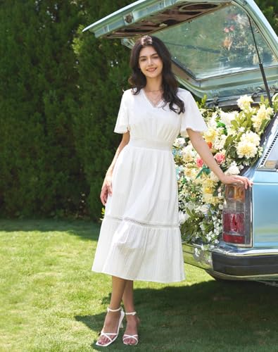 Image of Olaesa Women's Summer V Neck Smocked Cotton Dresses Puff Sleeve Flowy A Line Midi Wedding Guest Dress with Pockets