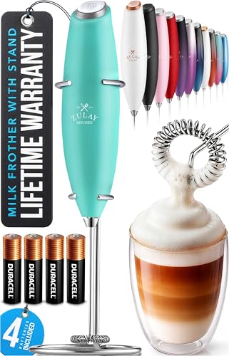 Image of Zulay Kitchen Powerful Milk Frother Wand With Duracell Batteries - Ultra Fast Handheld Drink Mixer - Electric Whisk Foam Maker for Coffee, Lattes, Cappuccino & Matcha - Z1 Motor - Aqua