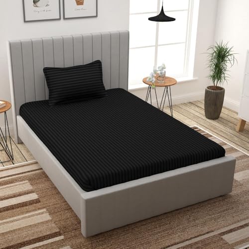 Image of Cotton Satin Stripes Plain Single Bedsheet with One Pillow Cover (60 X 90) Inch (Pack of 1, Black)